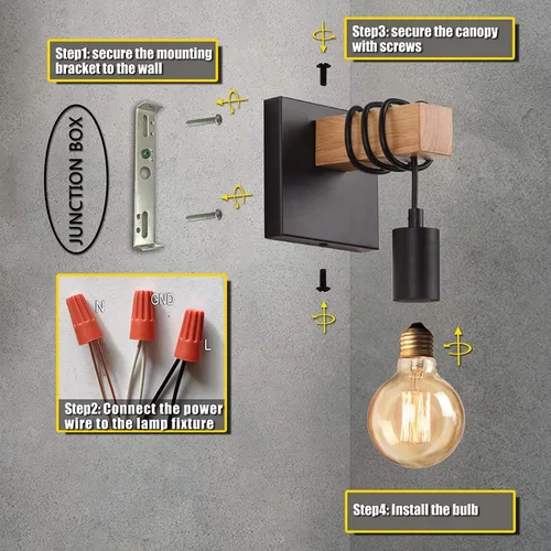 Miniatura 7 de Lightess Apliques de pared negros regulables, lámpara de pared Edison con interruptor de atenuación de encendido/apagado, lámpara de pared
