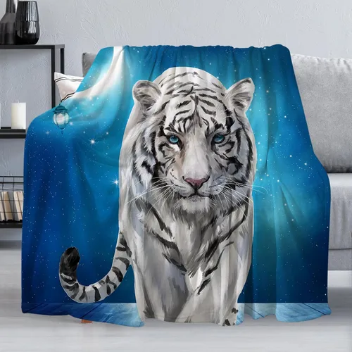 Manta de Forro Polar de 50"x40", Suave, Acogedora, Cálida, Manta de Franela de Felpa Difusa, Tigre Blanco Siberiano Bajo la Noche Estrellada Azul