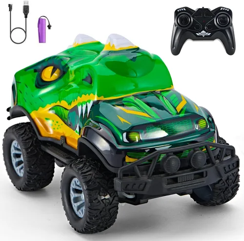 Vehículo fuera de carretera con forma de dinosaurio de control remoto Camión genial fuera de carretera, 2.4GHz, coche RC con luces LED, escala 1:20,