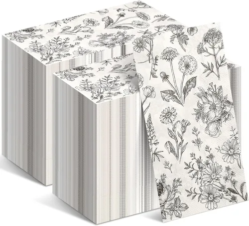 Tatuo Servilletas de papel florales desechables en blanco y negro, servilletas florales vintage con flores para invitados, toallas de mano para