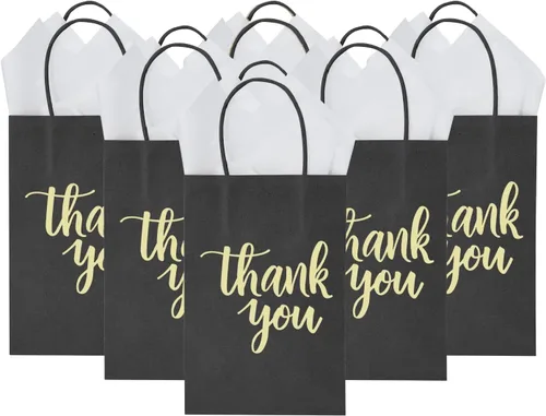 Miniatura 13 de DjinnGlory Paquete de 50 pequeñas bolsas de regalo de papel rosa con asas de 9 x 5.5 x 3.15 pulgadas y 50 papel de seda rosa para recuerdos