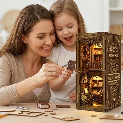 Miniatura 3 de Kit de rincón de libros para adultos, rompecabezas de madera 3D, kit de casa en miniatura de la biblioteca antigua con luz LED y cubierta antipolvo