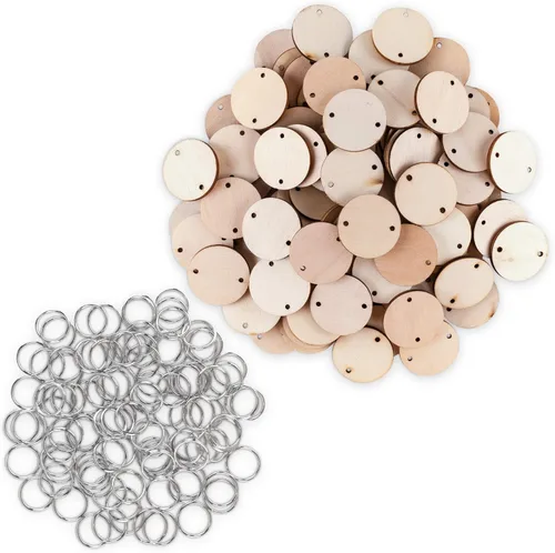 Super Z Outlet 100 discos redondos de madera y 100 llaveros, discos circulares de madera con agujeros y clips para anillos para etiquetas de tablero
