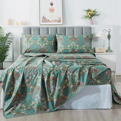 Miniatura 9 de FADFAY - Juego de sábanas de algodón percal de 4 piezas, sábana bajera con esquinas profundas, suaves, frescas, Matrimonial, estampado floral verde