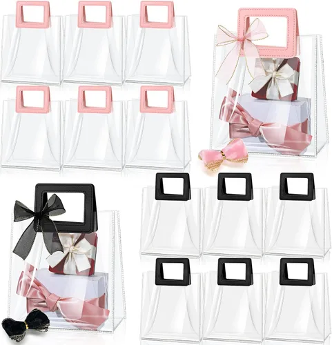Miniatura 7 de Fulmoon 12 bolsas de regalo transparentes con asa y cinta transparente, bolsa de regalo de PVC transparente reutilizable para despedida de soltera