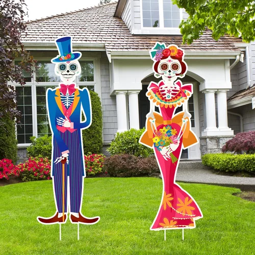 Namalu Paquete de 2 carteles de Día de los Muertos para patio al aire libre, decoraciones de césped con calavera de azúcar con estacas para fiesta