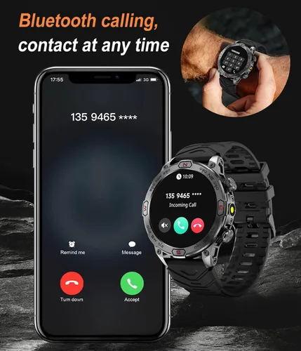 Miniatura 5 de Reloj inteligente para exteriores, responder llamadas, notificación de mensajes, reloj inteligente militar, compatible con iPhone, Android, linterna