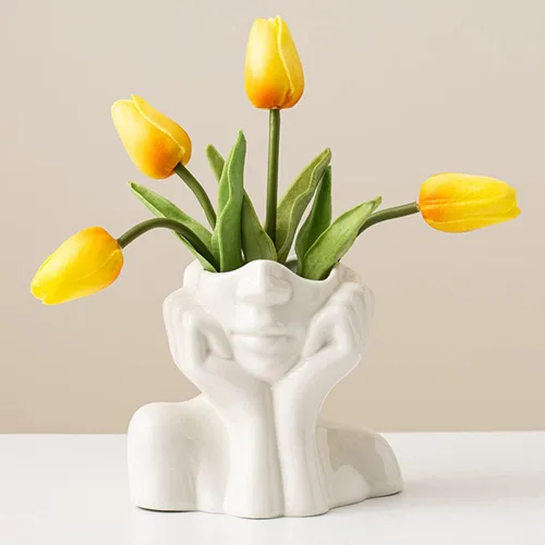 Jarrón de Cara de Cerámica, Jarrones de Flores Blancas para Decoración Forma Femenina Cabeza Jarrón de Medio Cuerpo Boho Único Decorativo Estilo A