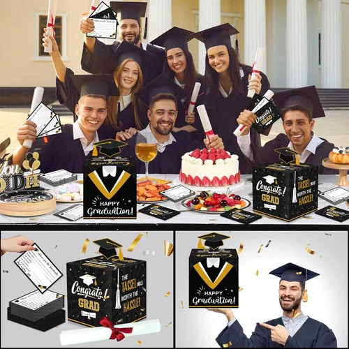 Miniatura 6 de Funrous Caja grande para tarjetas de graduación 2026 en negro y dorado con 30 piezas de tarjetas de consejos, caja de dinero, caja de dinero