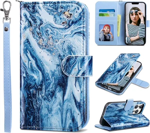 Miniatura 32 de ULAK Funda tipo cartera compatible con iPhone 13 para mujer, piel sintética de alta calidad con tarjetero, función atril, funda tipo cartera
