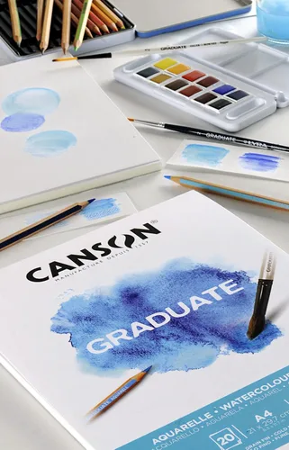Miniatura 3 de CANSON Papel A3 de Acuarela Graduada de 8.82 oz/m², prensado en frío, lado corto pegado, 20 hojas blancas naturales, ideal para estudiantes artistas