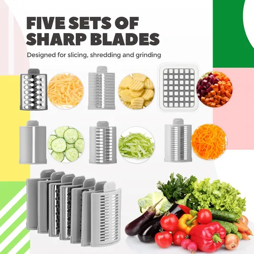 Miniatura 3 de Rallador de queso giratorio multifuncional 6 en 1 con 11 cuchillas, trituradora de verduras, trituradora de dados para alimentos, picadora con base