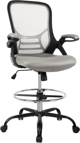 Miniatura 10 de HYLONE Silla de Dibujo Técnico Silla de Oficina Alta Respaldo Alto Taburete de Escritorio de Pie de Malla con Reposapiés Anillo Ajustable y Brazos