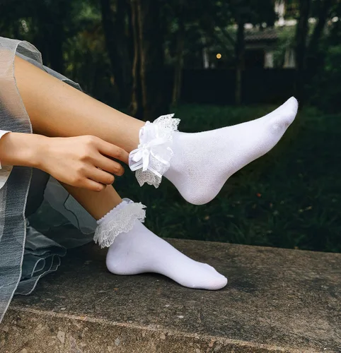 Miniatura 5 de SEMOHOLLI Calcetines de tobillo para mujer calcetines de encaje con volantes y volantes cómodos calcetines de princesa