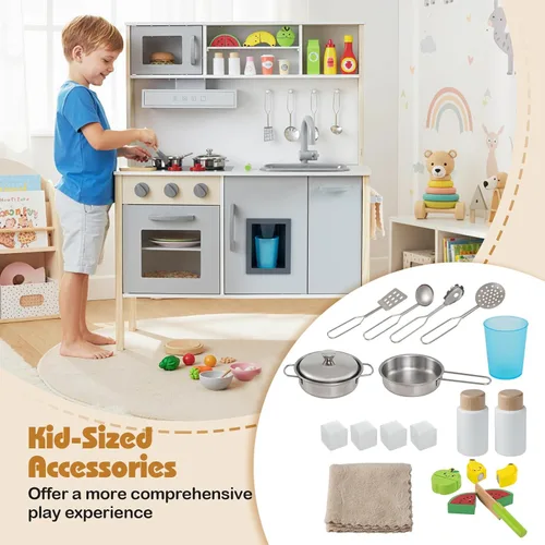 Miniatura 6 de HONEY JOY Juego de cocina para niños, cocina de madera para niños pequeños, microondas, campana extractora, máquina de hielo, 18 accesorios de Gris