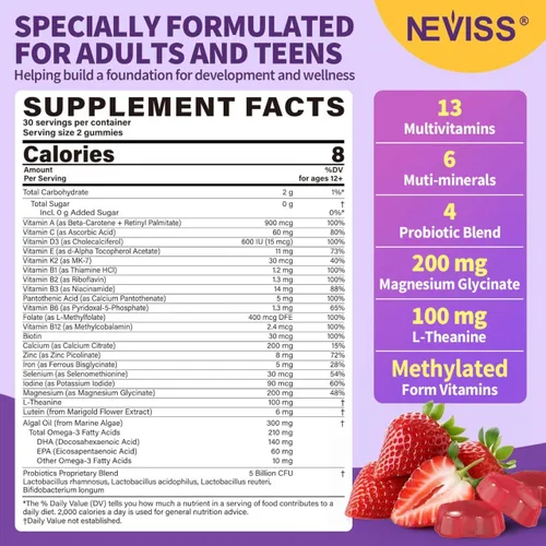 Miniatura 3 de NEVISS Gomitas multivitamínicas metiladas para adolescentes de 12 a 17 años con glicinato de magnesio, omega-3, L-teanina para adolescentes, niños
