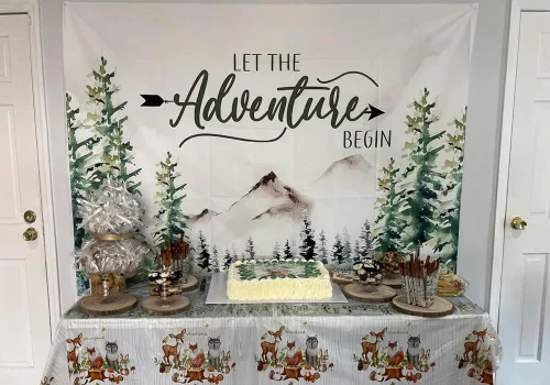Miniatura 4 de Decoración de baby shower de bosque de 7 x 5 pies, telón de fondo de aventura espera telón de fondo Let The Adventure Begin Banner F73