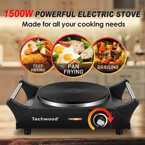 Miniatura 2 de Placa caliente, estufa eléctrica Techwood para cocinar, encimera de 1500 W, quemador individual con temperatura y asas ajustables, placa de cocina