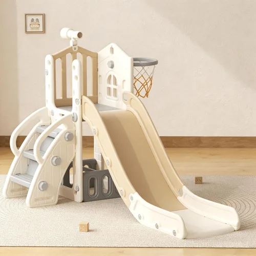 YUFU Tobogán 5 en 1 para niños pequeños, tobogán para niños con escalador, aro de baloncesto y pelota, juego para interiores y exteriores para niños