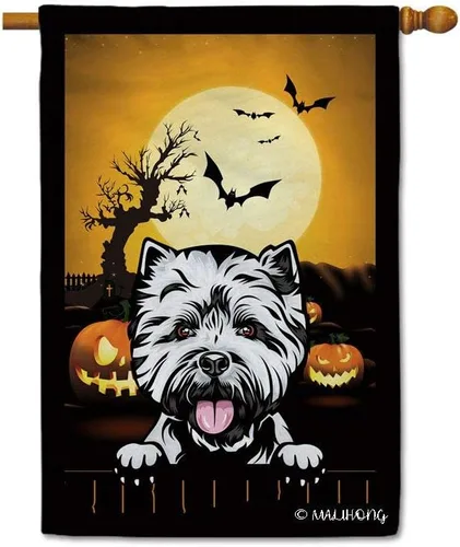 Miniatura 28 de Bandera de jardín de calabaza de Feliz Halloween Jack O'Lantern con perro Rhodesian Ridgeback Halloween Bat Boo Bandera decorativa para patio al