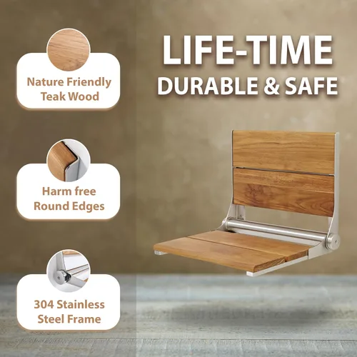 Miniatura 4 de Asiento de ducha de teca, madera de contorno, banco plegable de montaje en pared para ducha interior, asistencia de seguridad ADA, acero inoxidable