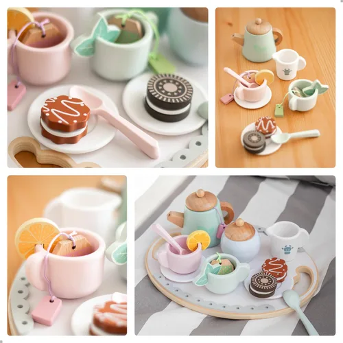 Miniatura 3 de UMU® Juego de Té de Madera para Niños – Juguete de Fiesta de Té de Juego Simulado con Tazas Coloridas, Bolsitas de Té, Rodajas de Limón y Más