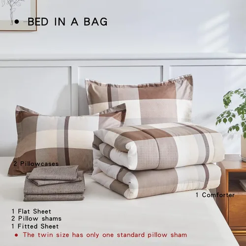 Miniatura 7 de AIKASY Bed in a Bag - Juego de edredón reversible de microfibra suave de 7 piezas tamaño Queen con diseño de cuadros marrones para todas