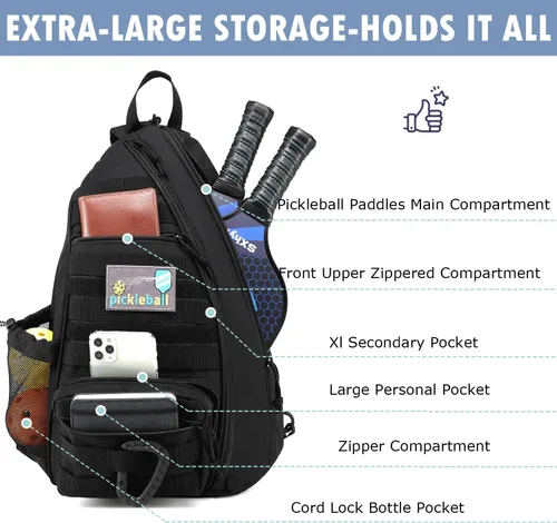 Miniatura 4 de Bandolera de Pickleball SunForMorning, Mochila Táctica de Pickleball para Mujeres y Hombres, Bolsa de Hombro Ajustable con Gancho para Valla y Negro