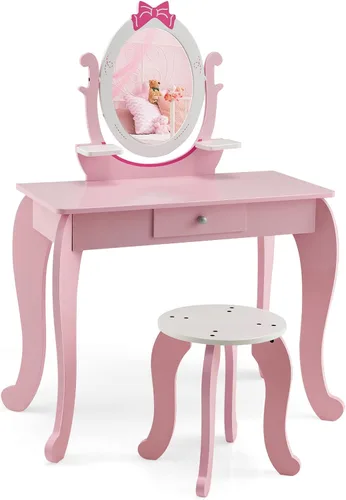 Miniatura 2 de HONEY JOY Juego de tocador para niños, Espejo ovalado de rotación 360 grados, juego de tocador de maquillaje de princesa para niñas pequeñas, juego