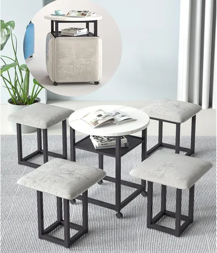 Miniatura 2 de Mesa de comedor combinada 5 en 1 con 4 taburetes, mesa auxiliar anidable que ahorra espacio, taburete otomano apilable, reposapiés, sofá y mesa