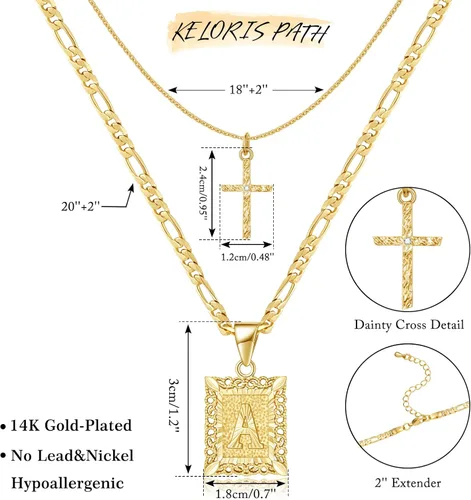 Miniatura 5 de KELORIS PATH Collar de cruz con inicial en capas de oro, chapado en oro de 14 quilates, colgante de letra cuadrada, cadena Figaro, gargantilla