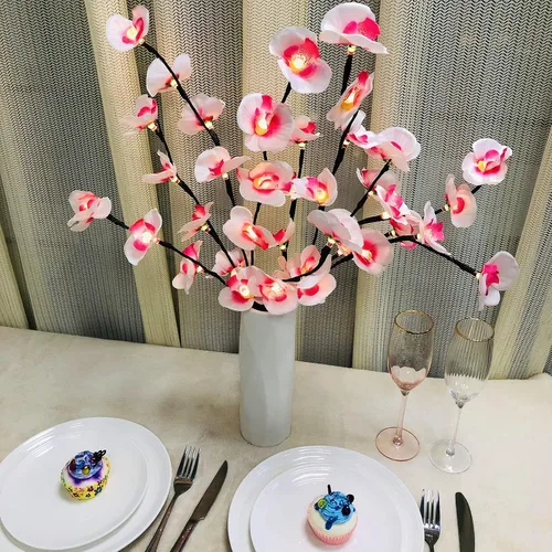 Miniatura 6 de Phalaenopsis - Paquete de 2 lámparas LED de rama de orquídea, ramo de orquídeas artificiales de mariposa, funciona con pilas, para decoración