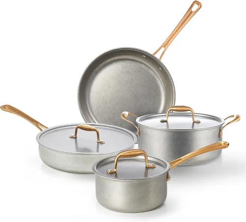 KOKHUB Juego de utensilios de cocina de acero inoxidable de tres capas de 7 piezas, juego de ollas y sartenes retro, no tóxico, juego de cocina sin