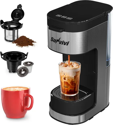 SUNVIVI Cafetera helada y caliente: cafetera de una sola porción con 3 opciones de preparación para cápsulas K, café molido y té, depósito de agua
