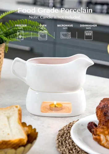 Miniatura 3 de Nucookery Salsa grande de 18 onzas con calentador, salsas de porcelana fina blanca con boquilla grande antigoteo, cuenco de salsa para Acción