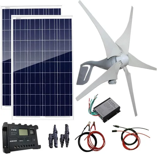 Sistema de energía solar eólica de 600 vatios (kit de sistema híbrido): 1 generador de viento de 12 V/24 V 400 W + 2 paneles solares policristalinos