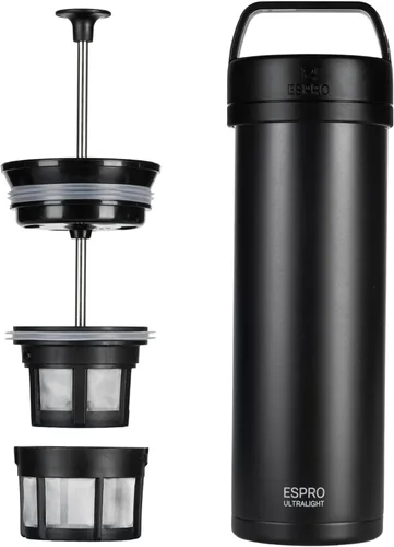 ESPRO P0 Cafetera de prensa francesa ultraligera para viajes, acero inoxidable aislado al vacío, 16 onzas, negro meteorito mate Meteorito negro mate