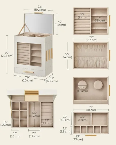 Miniatura 6 de SONGMICS Joyero con ventana de cristal, organizador de joyas de 5 capas con 3 cajones laterales, almacenamiento de joyas, con espejo grande