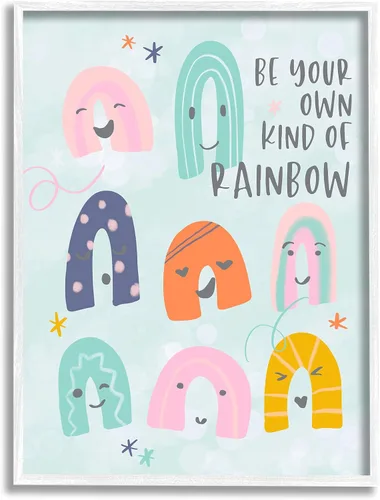 Stupell Industries Be Your Own Rainbow Phrase - Ilustración divertida para niños, diseñada por Anna Quach, arte de pared enmarcado blanco, 24 x 30