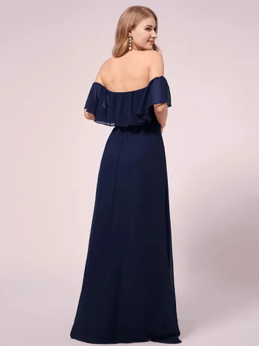 Miniatura 2 de Ever-Pretty Vestido de fiesta de embarazo con hombros descubiertos y abertura lateral larga de gasa con volantes para mujer, vestidos de fotografía
