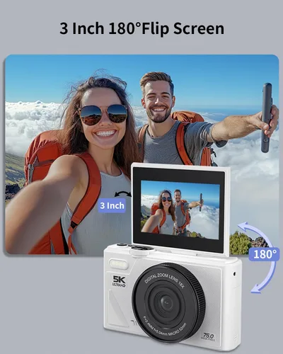 Miniatura 7 de Cámara digital 5K para fotografía con WiFi, cámara de vlogging Ultra HD de 75MP para YouTube con pantalla abatible de 180° de 3 pulgadas, cámaras
