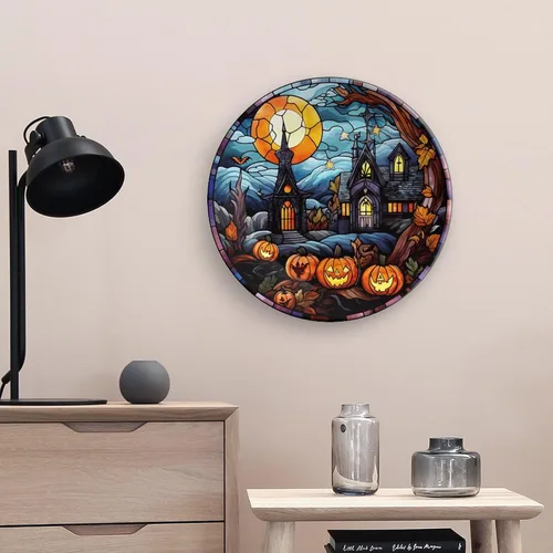 Miniatura 5 de Platos decorativos de Halloween, diseño de casa embrujada, escena nocturna, vitral, placa de cena de cerámica para el hogar con soporte de Escena