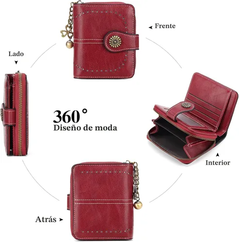 Miniatura 6 de Cartera pequeña para mujer, de piel, plegable, compacta, con bloqueo RFID, con bolsillo con cremallera para monedas, A01 Rojo Vino, Classic