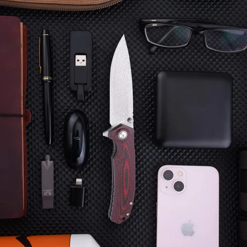 Miniatura 4 de SHIELDON Charkos - Cuchillo plegable VG10 Core 67 capas de acero de Damasco de 4 pulgadas, hoja de punto de caída, Scarlet G10, mango de fibra