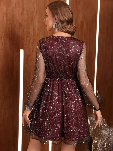 Miniatura 2 de Floerns Vestido corto de manga larga con cuello en V para mujer, sin cinturón