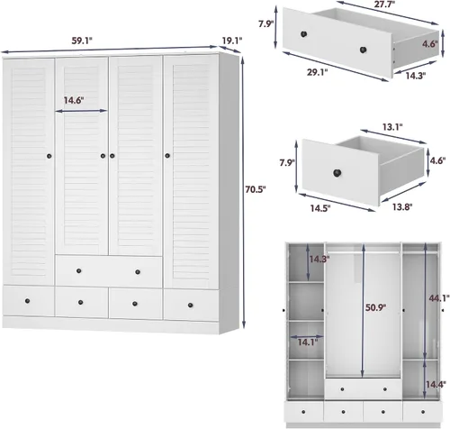 Miniatura 3 de AGOTENI Armario Ropero con 4 Puertas de Persiana y 2 Varillas para Colgar, Gabinete de Almacenamiento de Ropa de Madera con 5 Cajones y Estantes