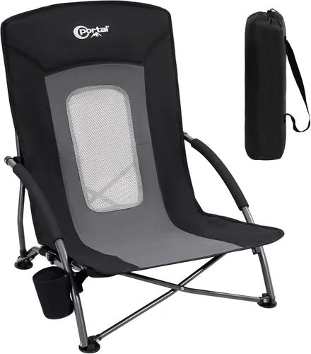 PORTAL Sillas de Playa para Adultos, Camping, Bajas, Ligeras, Portátiles con Soporte para Tazas, Respaldo de Malla, Bolsa de Transporte para Arena,