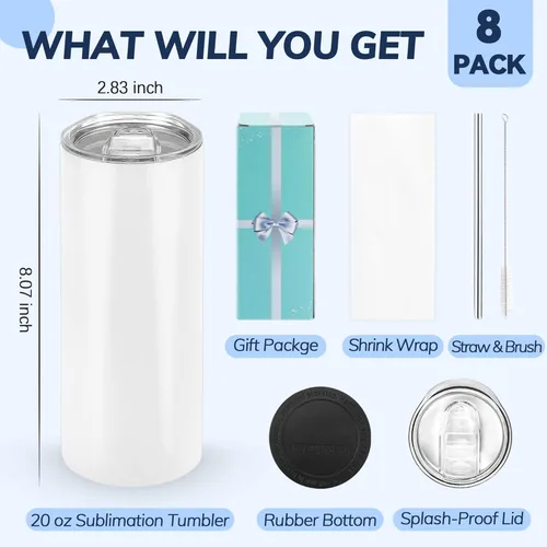 Miniatura 2 de D·S Paquete de 8 vasos de sublimación de 20 onzas a granel con fondo plano y recto, vasos en blanco con caja de regalo individual para transferencia