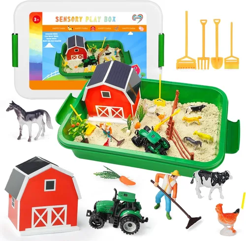 Miniatura 9 de Carolart Contenedor sensorial de construcción, juego de arena de tractor, caja de arena de construcción con camión de juguete, arena y letreros, kit