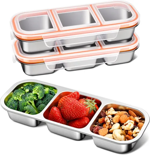 Miniatura 8 de KTKUDY - Recipiente de acero inoxidable para niños y adultos, grande, a prueba de fugas, 3 compartimentos, apilable, para guardería, escuela